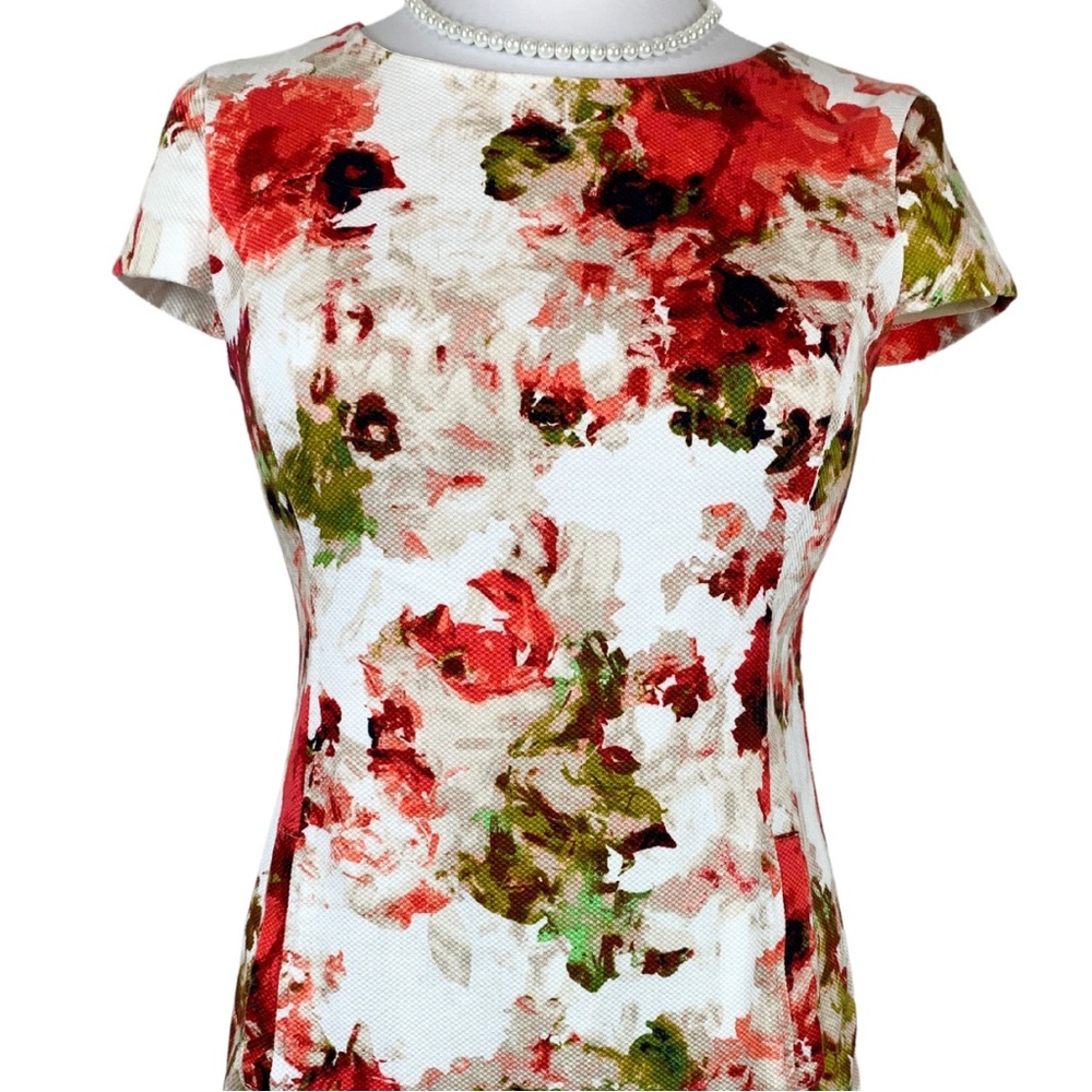 Liz Claiborne White Red Floral Boudreau Neckline Cap Sleeves Sheath Midi Dress 4 - Picture 11 of 15
